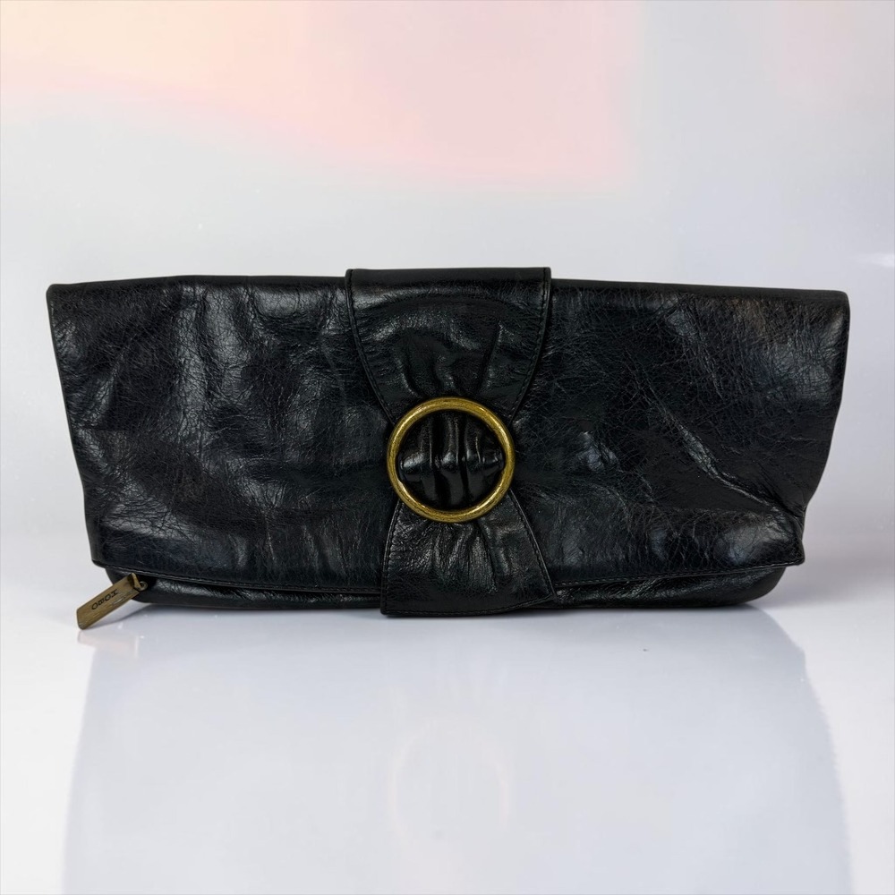 Hobo International Black Glazed Leather Fold-Over Clutch Ring Accent Y2K